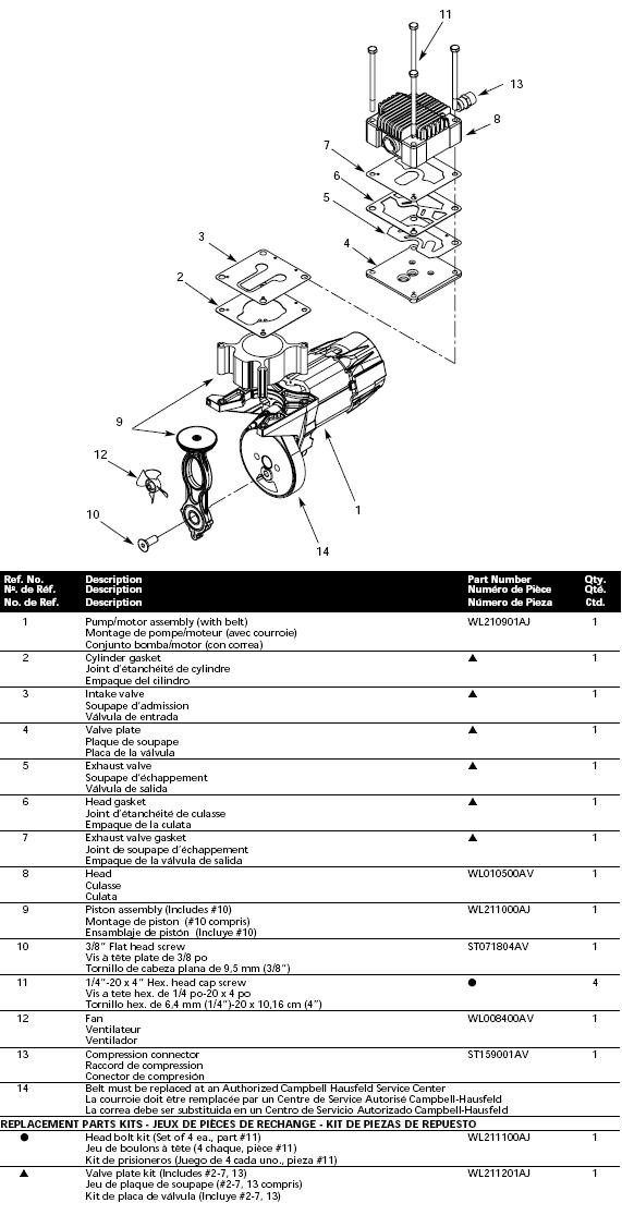 CAMPBELL HAUSFELD AIR COMPRESSOR PUMP PARTS